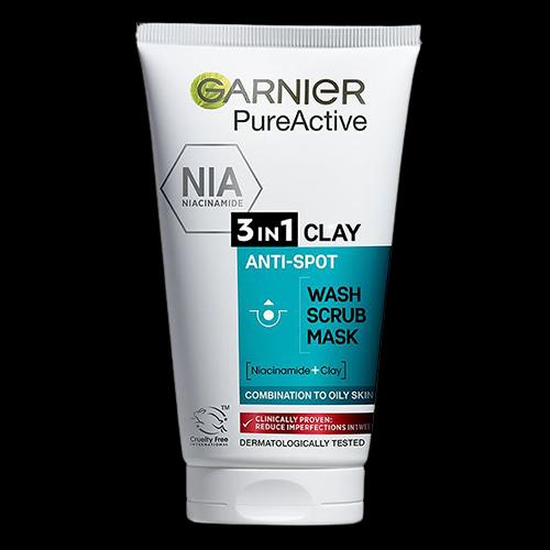 ژل اسکراب گارنیه Garnier مدل 3in1 Clay Mask Wash Scrub مناسب پوست چرب سه کاره حجم 150 میل
